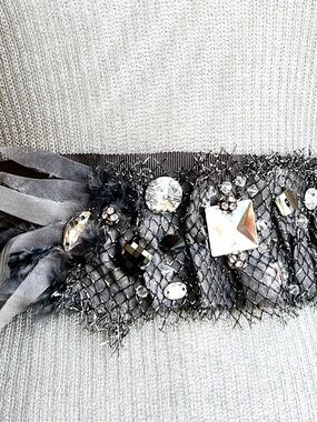 Belt rhinestone gem sparkles, feathers, organic wrap, retro gray